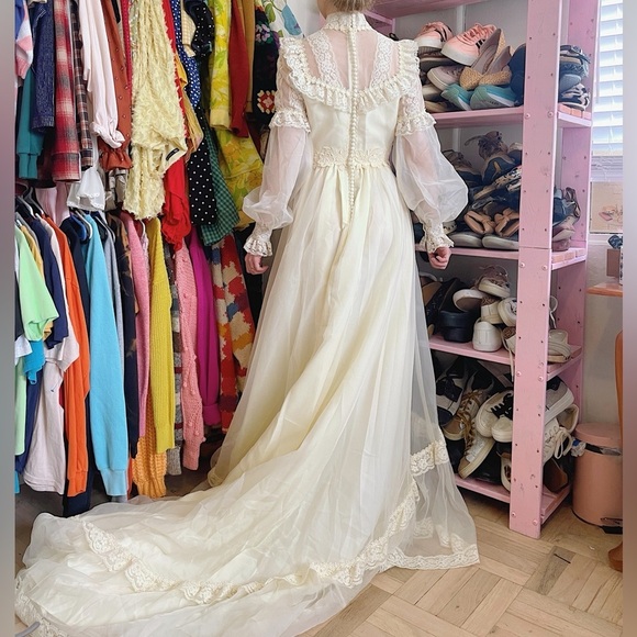 Vintage 1970s Victorian Lace High Neck Bishop Sleeve Tiered Wedding Dress - Picture 2 of 14